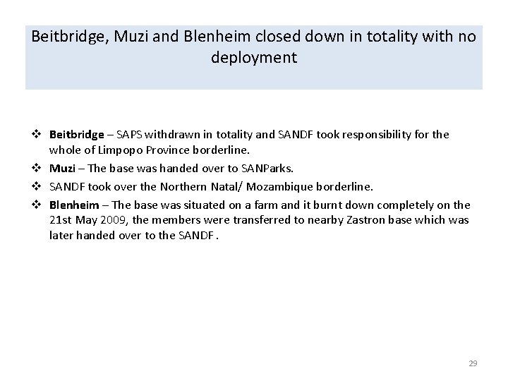 Beitbridge, Muzi and Blenheim closed down in totality with no deployment v Beitbridge –