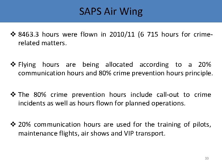 SAPS Air Wing v 8463. 3 hours were flown in 2010/11 (6 715 hours