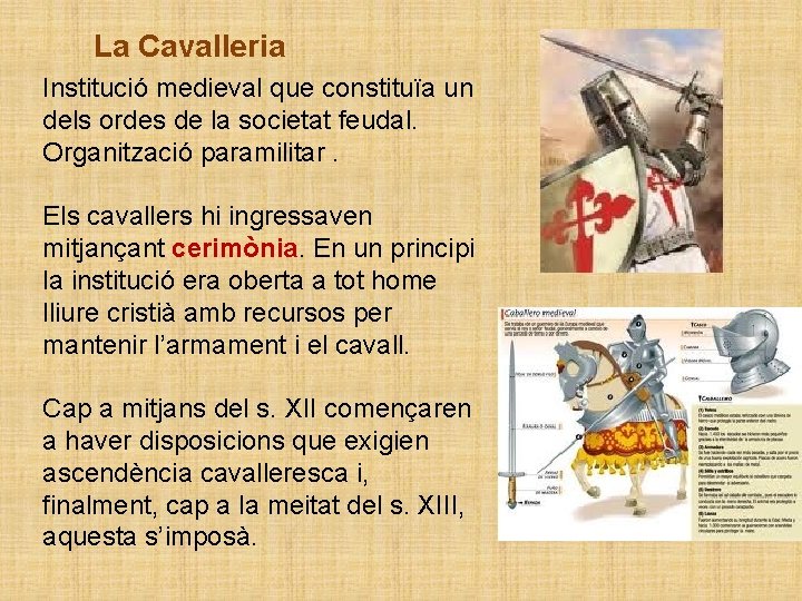 La Cavalleria Institució medieval que constituïa un dels ordes de la societat feudal. Organització