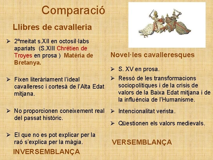 Comparació Llibres de cavalleria Ø 2ªmeitat s. XII en octosíl·labs apariats (S. XIII Chrétien