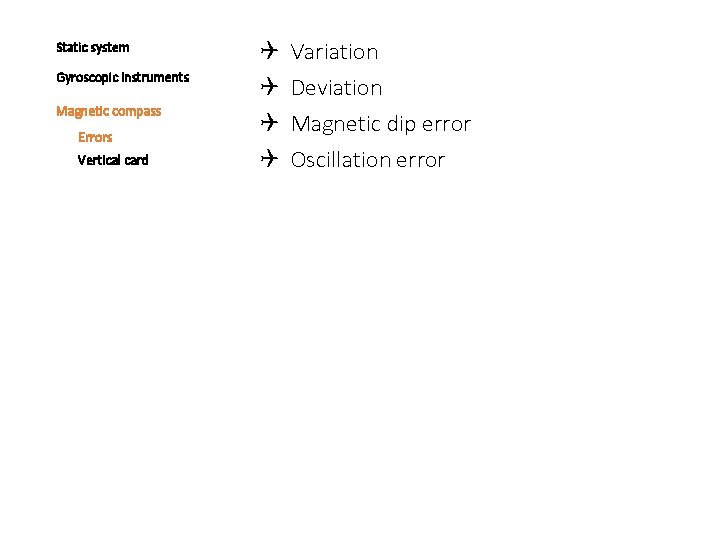 Static system Gyroscopic instruments Magnetic compass Errors Vertical card Variation Deviation Magnetic dip error