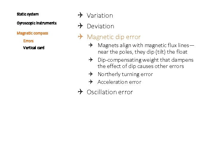 Static system Gyroscopic instruments Magnetic compass Errors Vertical card Variation Deviation Magnetic dip error