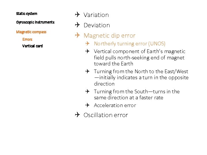Static system Gyroscopic instruments Magnetic compass Errors Vertical card Variation Deviation Magnetic dip error