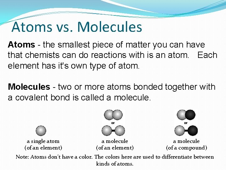 Atoms vs. Molecules Atoms - the smallest piece of matter you can have that