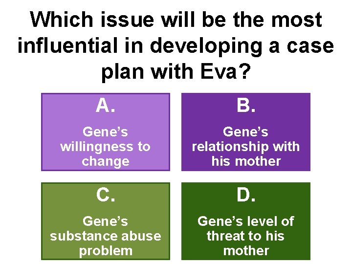 Which issue will be the most influential in developing a case plan with Eva?