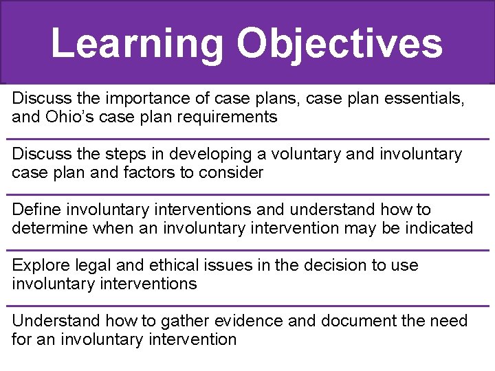 Learning Objectives Discuss the importance of case plans, case plan essentials, and Ohio’s case