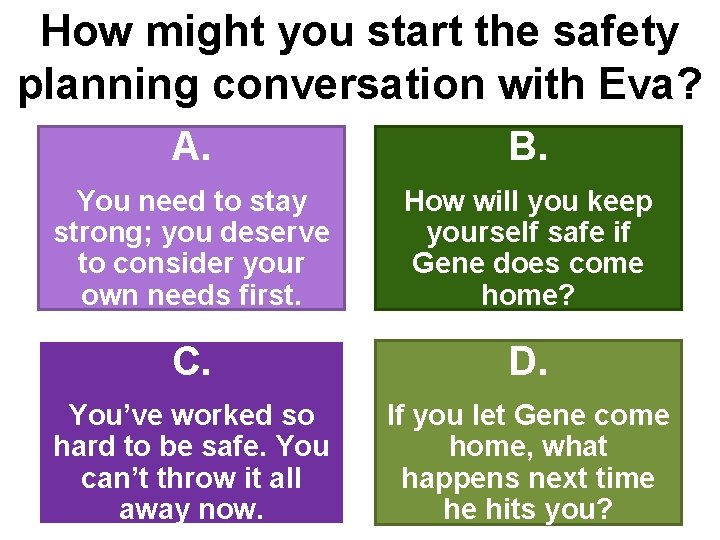 How might you start the safety planning conversation with Eva? A. B. You need