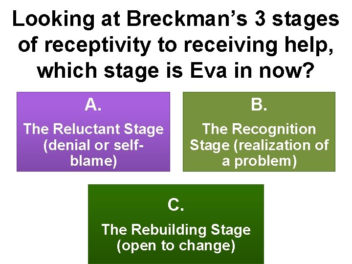 Looking at Breckman’s 3 stages of receptivity to receiving help, which stage is Eva