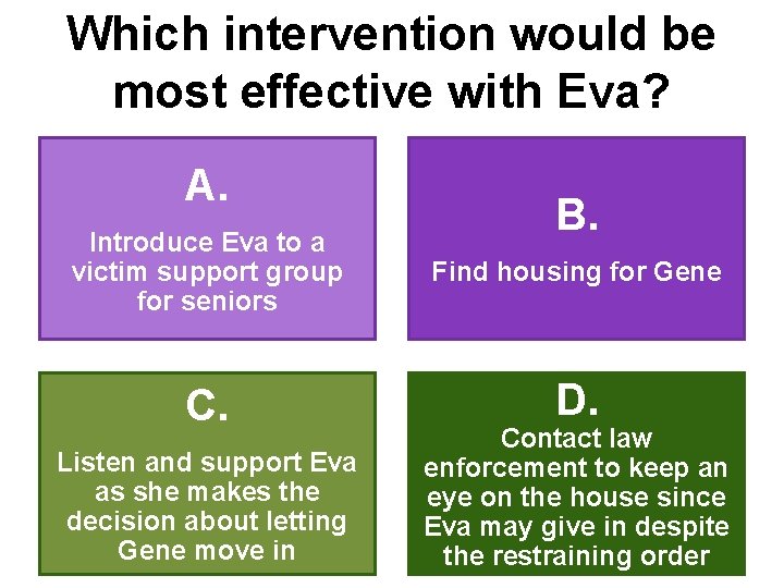 Which intervention would be most effective with Eva? A. B. Introduce Eva to a