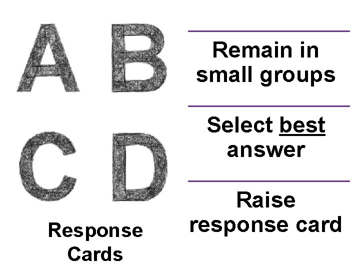 Remain in small groups Select best answer Response Cards Raise response card 