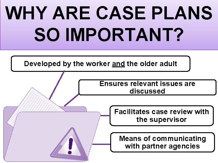 WHY ARE CASE PLANS SO IMPORTANT? Developed by the worker and the older adult