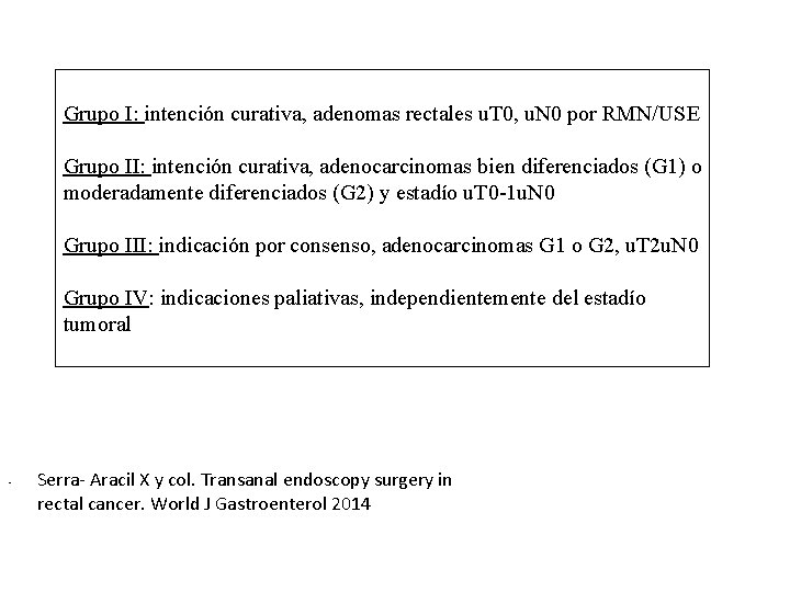 Grupo I: intención curativa, adenomas rectales u. T 0, u. N 0 por RMN/USE
