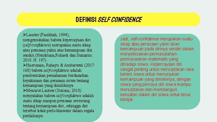 Definisi self confidence ØLauster (Fasikhah, 1994), mengemukakan bahwa kepercayaan diri (self-confidence) merupakan suatu sikap