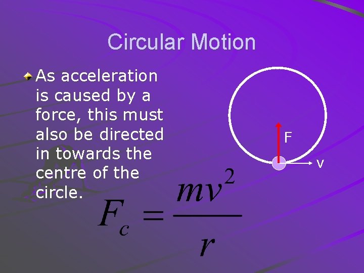 Circular Motion As acceleration is caused by a force, this must also be directed