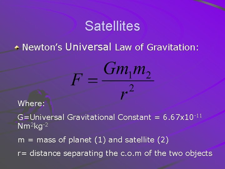 Satellites Newton’s Universal Law of Gravitation: Where: G=Universal Gravitational Constant = 6. 67 x