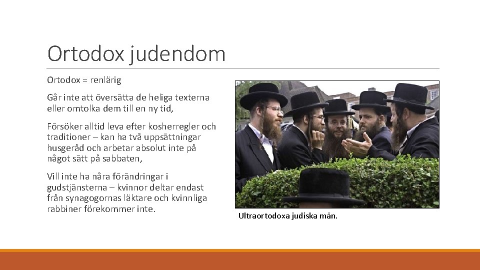 Ortodox judendom Ortodox = renlärig Går inte att översätta de heliga texterna eller omtolka