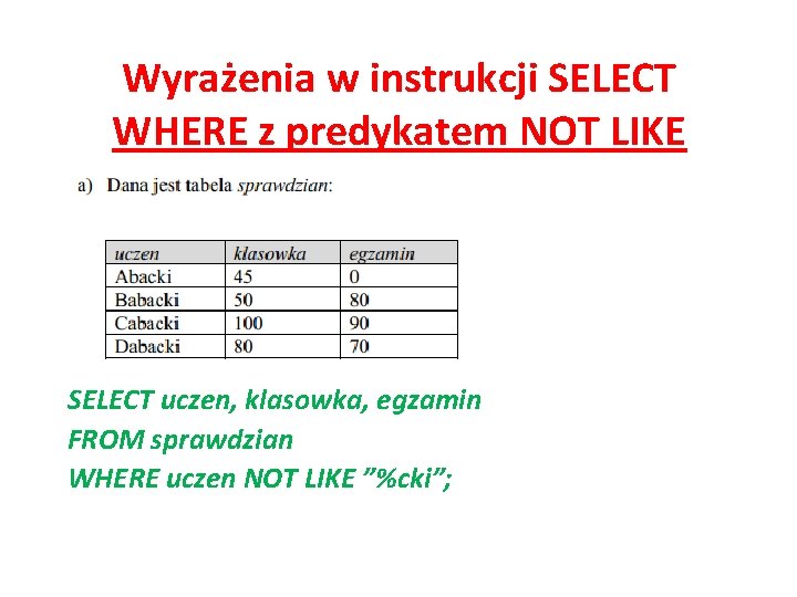 Wyrażenia w instrukcji SELECT WHERE z predykatem NOT LIKE SELECT uczen, klasowka, egzamin FROM