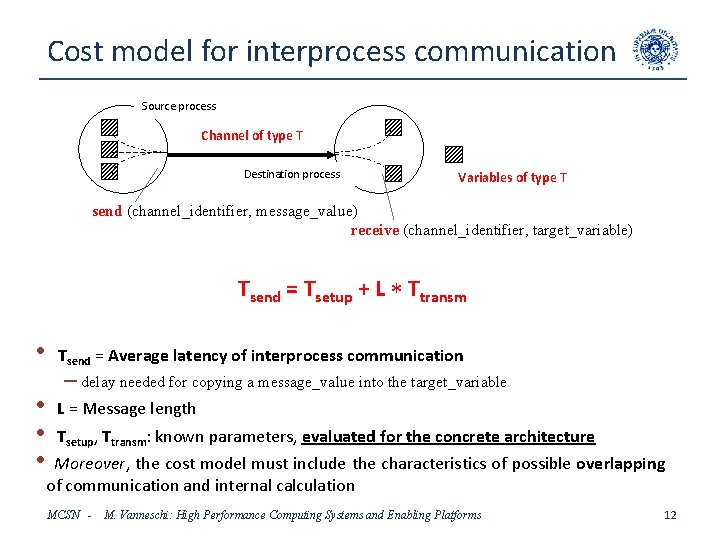 Cost model for interprocess communication Source process Channel of type T Destination process Variables