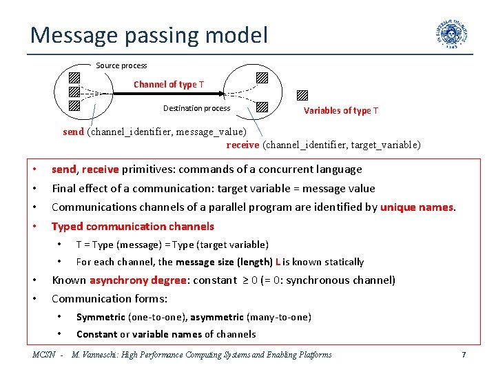 Message passing model Source process Channel of type T Destination process Variables of type