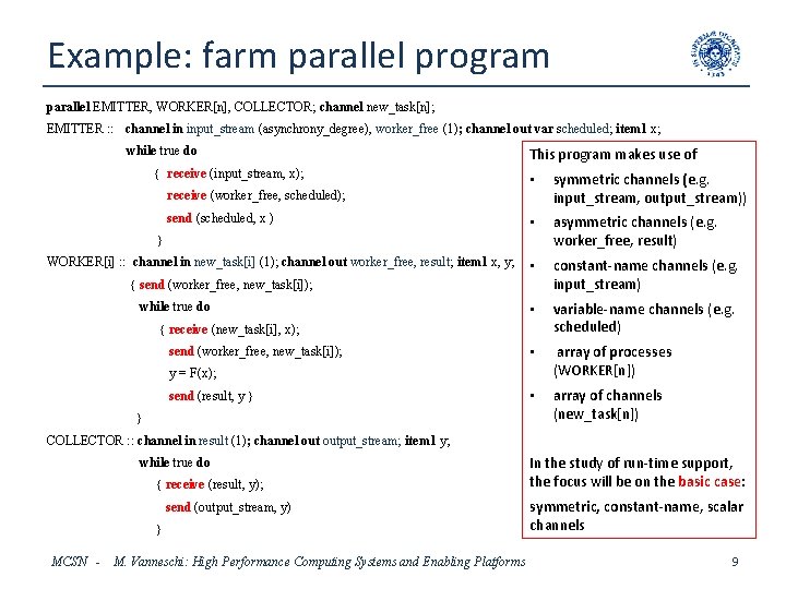 Example: farm parallel program parallel EMITTER, WORKER[n], COLLECTOR; channel new_task[n]; EMITTER : : channel