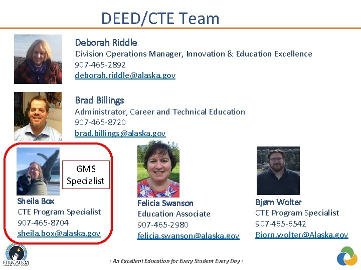 DEED/CTE Team Deborah Riddle Division Operations Manager, Innovation & Education Excellence 907 -465 -2892