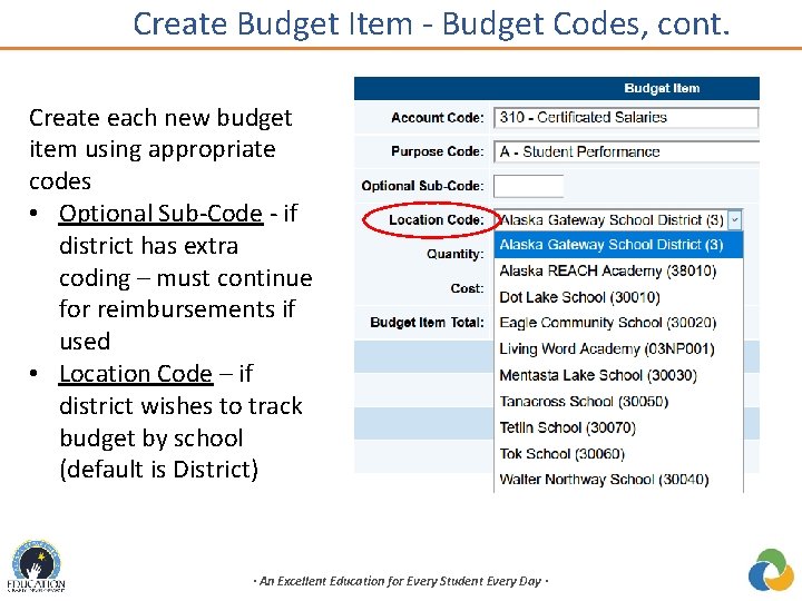Create Budget Item - Budget Codes, cont. Create each new budget item using appropriate