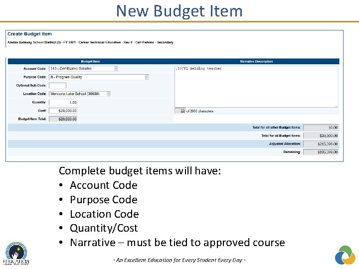New Budget Item Complete budget items will have: • Account Code • Purpose Code
