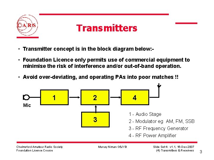 Transmitters • Transmitter concept is in the block diagram below: • Foundation Licence only