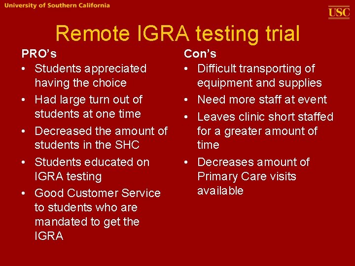 Remote IGRA testing trial PRO’s • Students appreciated having the choice • Had large