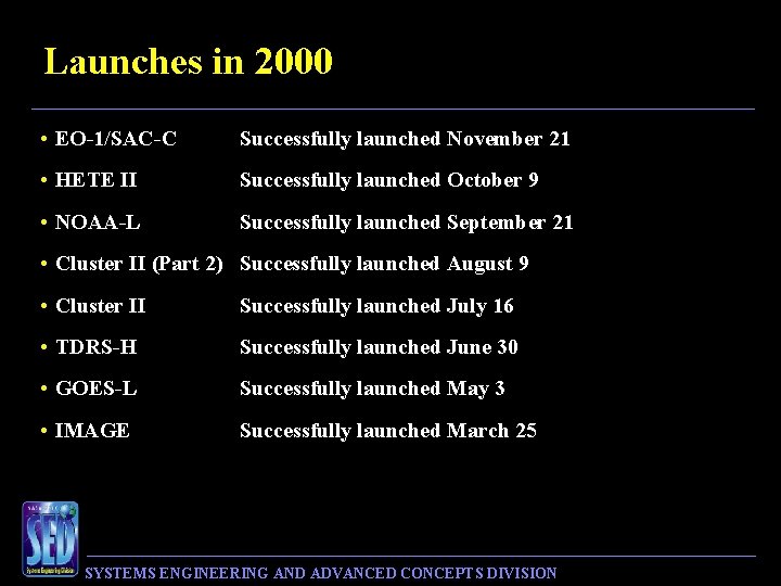 Launches in 2000 • EO-1/SAC-C Successfully launched November 21 • HETE II Successfully launched