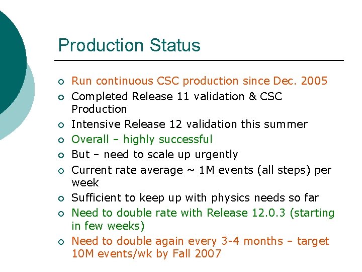 Production Status ¡ ¡ ¡ ¡ ¡ Run continuous CSC production since Dec. 2005