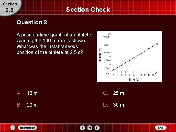 Section 2. 3 Section Check Question 2 A position-time graph of an athlete winning