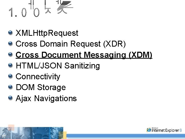 XMLHttp. Request Cross Domain Request (XDR) Cross Document Messaging (XDM) HTML/JSON Sanitizing Connectivity DOM