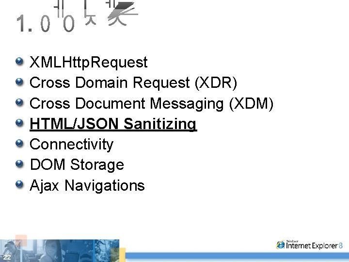 XMLHttp. Request Cross Domain Request (XDR) Cross Document Messaging (XDM) HTML/JSON Sanitizing Connectivity DOM