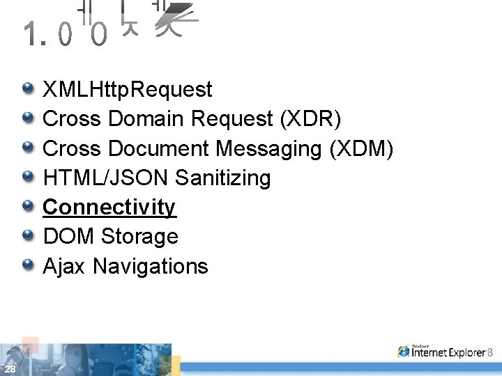 XMLHttp. Request Cross Domain Request (XDR) Cross Document Messaging (XDM) HTML/JSON Sanitizing Connectivity DOM