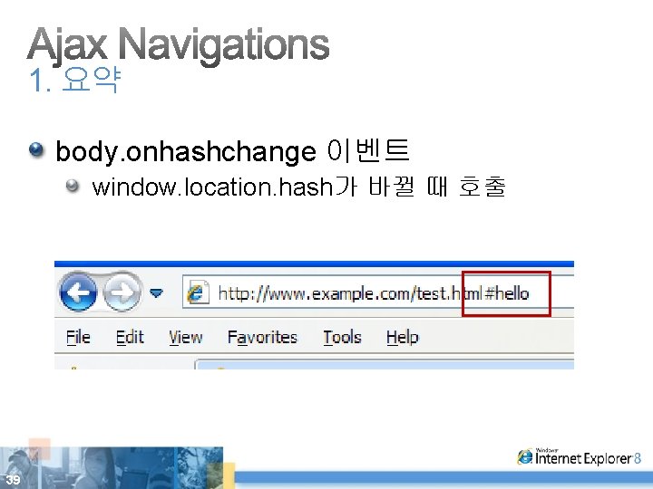 1. 요약 body. onhashchange 이벤트 window. location. hash가 바뀔 때 호출 39 