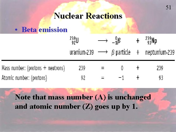 51 Nuclear Reactions • Beta emission Note that mass number (A) is unchanged and