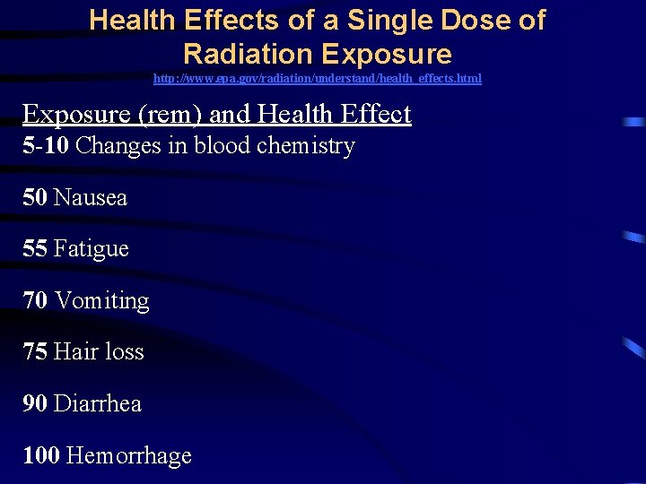 Health Effects of a Single Dose of Radiation Exposure http: //www. epa. gov/radiation/understand/health_effects. html