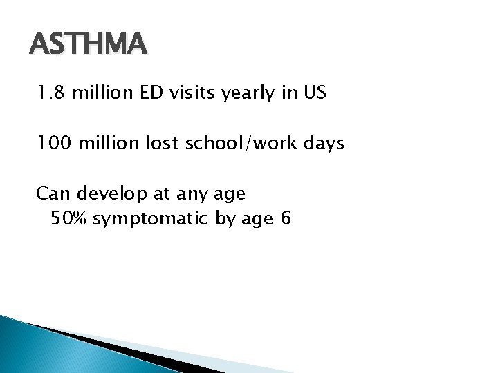 ASTHMA 1. 8 million ED visits yearly in US 100 million lost school/work days