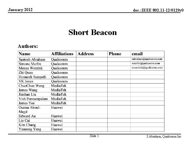 January 2012 doc. : IEEE 802. 11 -12/0129 r 0 Short Beacon Authors: Slide