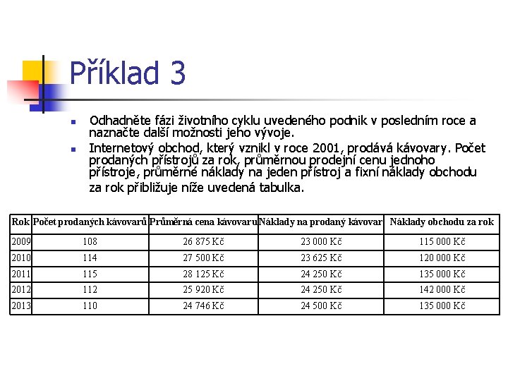 Příklad 3 n n Odhadněte fázi životního cyklu uvedeného podnik v posledním roce a