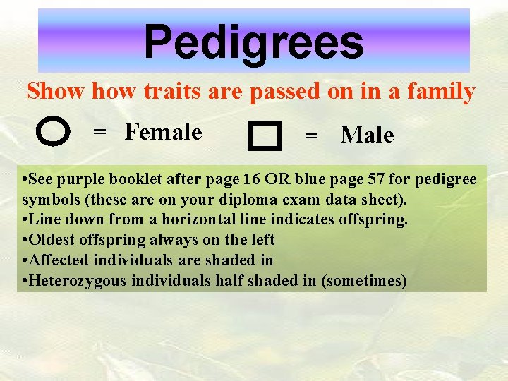 Pedigrees Show traits are passed on in a family = Female = Male •