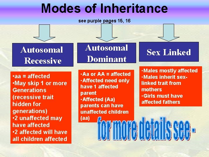 Modes of Inheritance see purple pages 15, 16 Autosomal Recessive Autosomal Dominant • aa