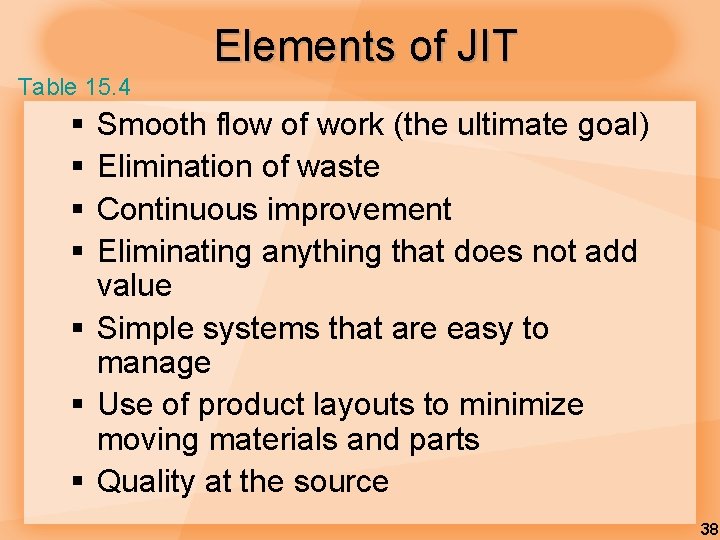 Elements of JIT Table 15. 4 § § Smooth flow of work (the ultimate