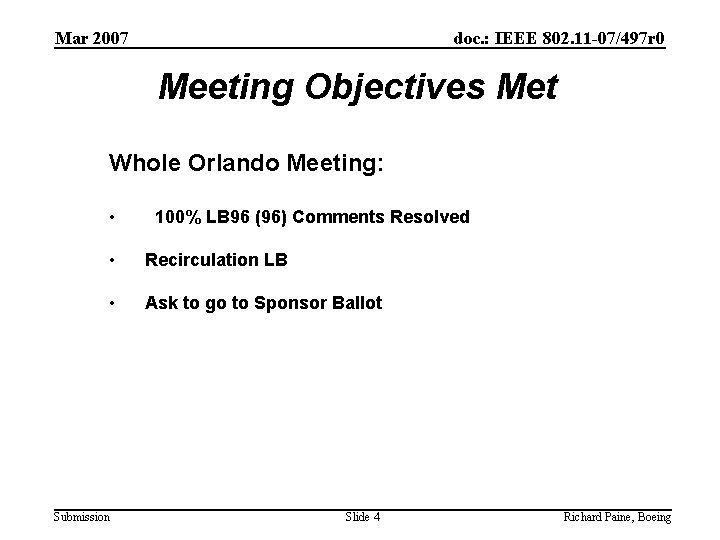 Mar 2007 doc. : IEEE 802. 11 -07/497 r 0 Meeting Objectives Met Whole