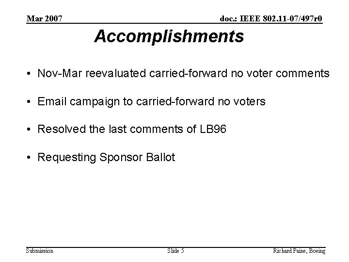 Mar 2007 doc. : IEEE 802. 11 -07/497 r 0 Accomplishments • Nov-Mar reevaluated