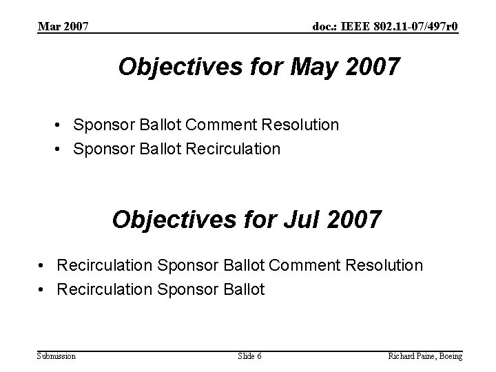 Mar 2007 doc. : IEEE 802. 11 -07/497 r 0 Objectives for May 2007