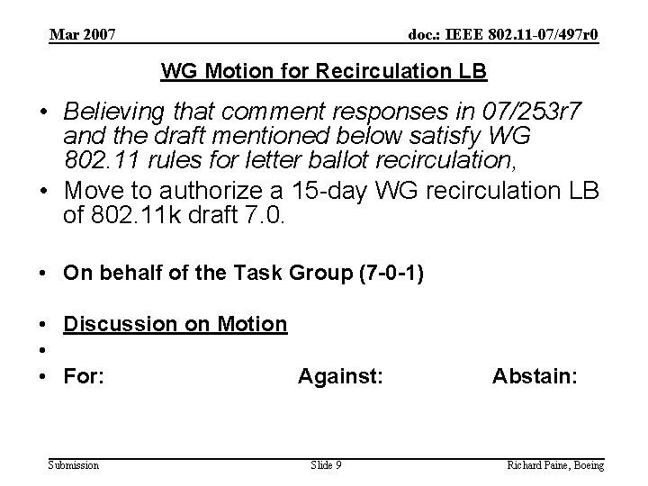 Mar 2007 doc. : IEEE 802. 11 -07/497 r 0 WG Motion for Recirculation