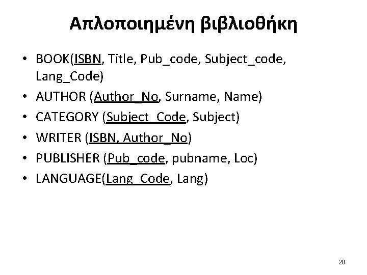 Απλοποιημένη βιβλιοθήκη • BOOK(ISBN, Title, Pub_code, Subject_code, Lang_Code) • AUTHOR (Author_No, Surname, Name) •