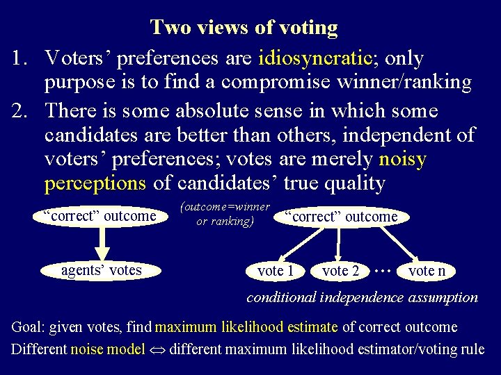 Two views of voting 1. Voters’ preferences are idiosyncratic; only purpose is to find